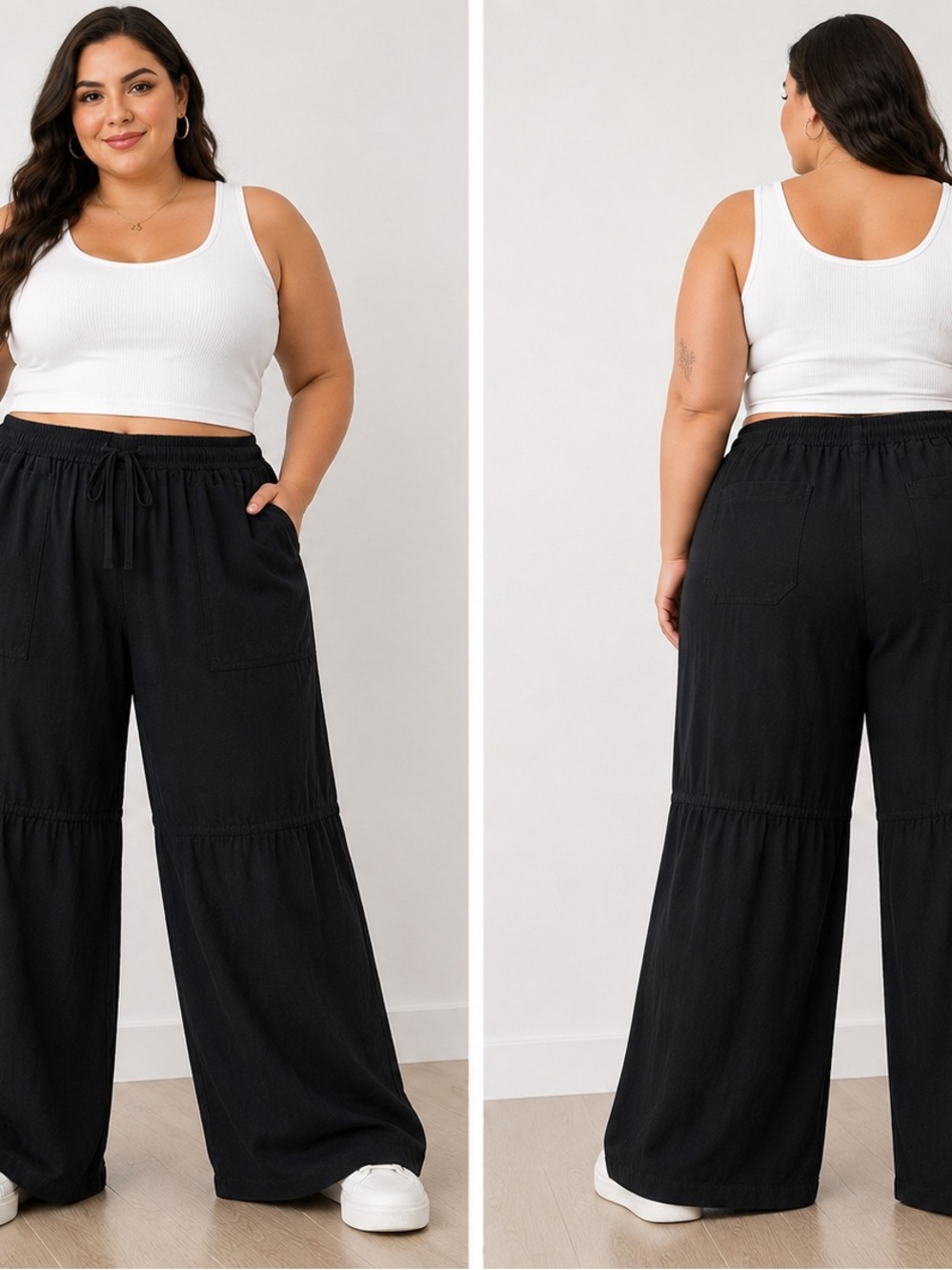Plus-Size Black Wide-Leg Drawstring Pants